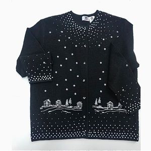 Vtg 90s Black Embroidered Cardigan Sweater, 100% Wool, Beaded, Christmas, Sz M